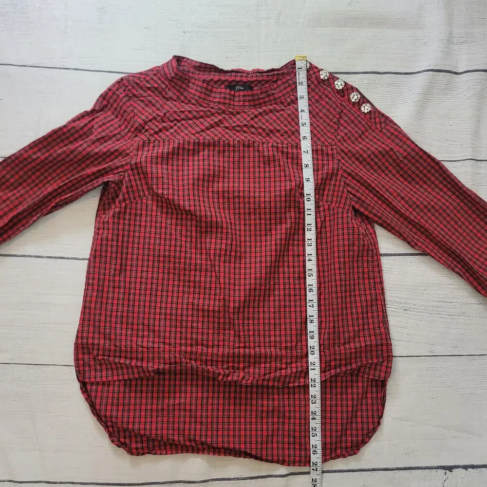 J.Crew Size 4 Plaid Hi-Low Long Sleeve Button Shirt Red Black Holiday‎